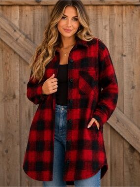 POL Red Black Buffalo Plaid Shacket Medium Oversized Long Lined Jacket Coat